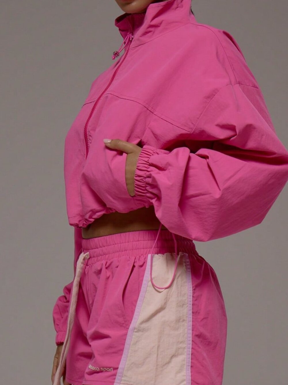 Pink Casual Women's Sport Funnel Neck Cropped Jacket - Picture 4 of 6